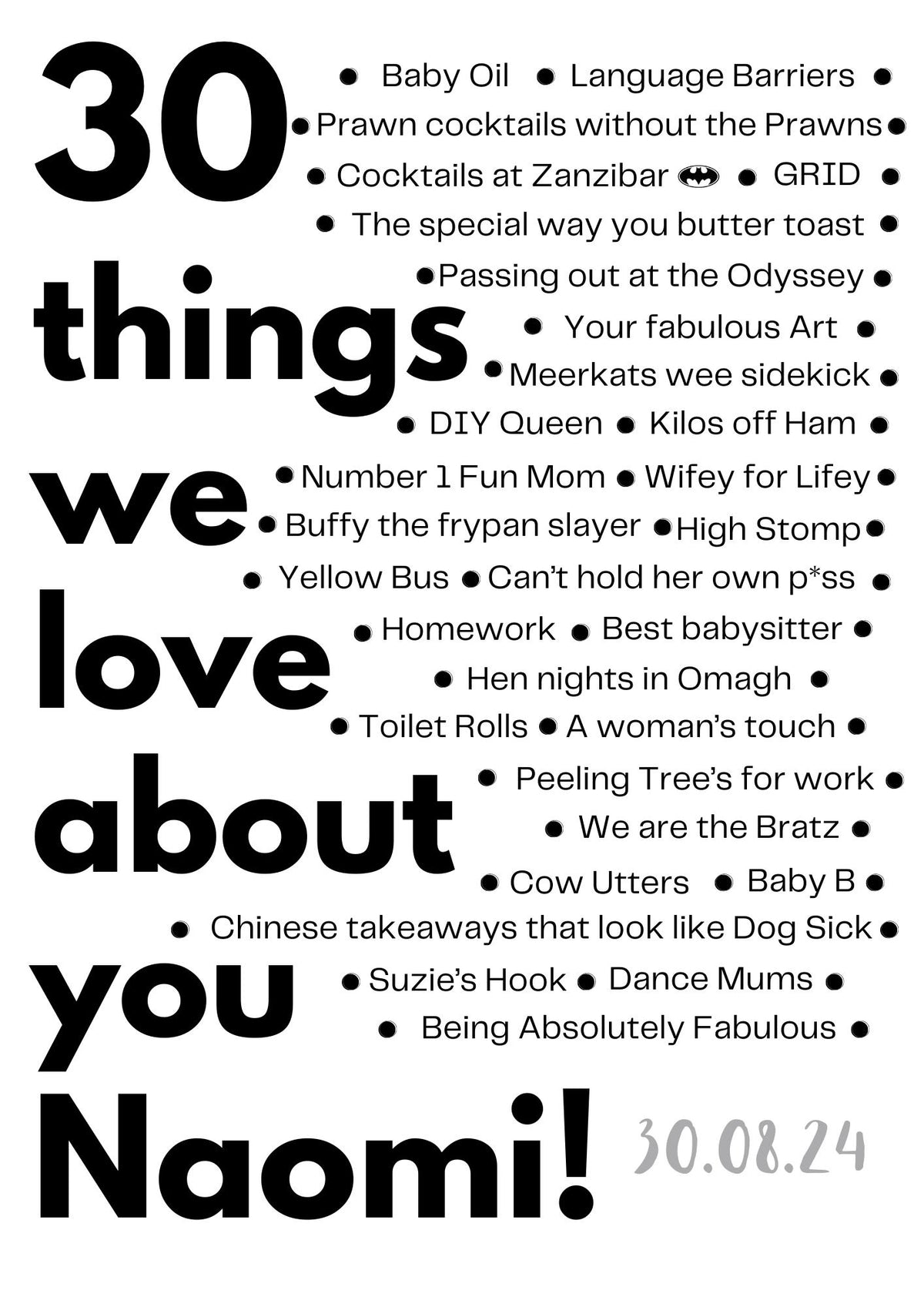 30 Things We Love About You | Personalised Keepsake Gift